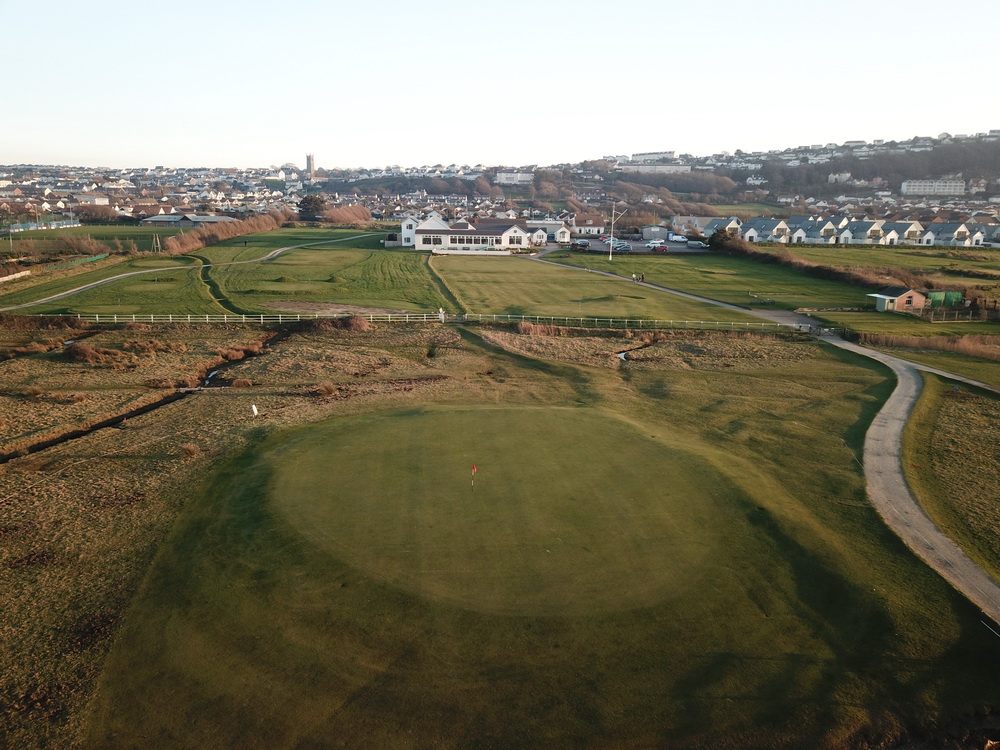 Aerial view of a green at Royal North Devon golf club, United Kingdom