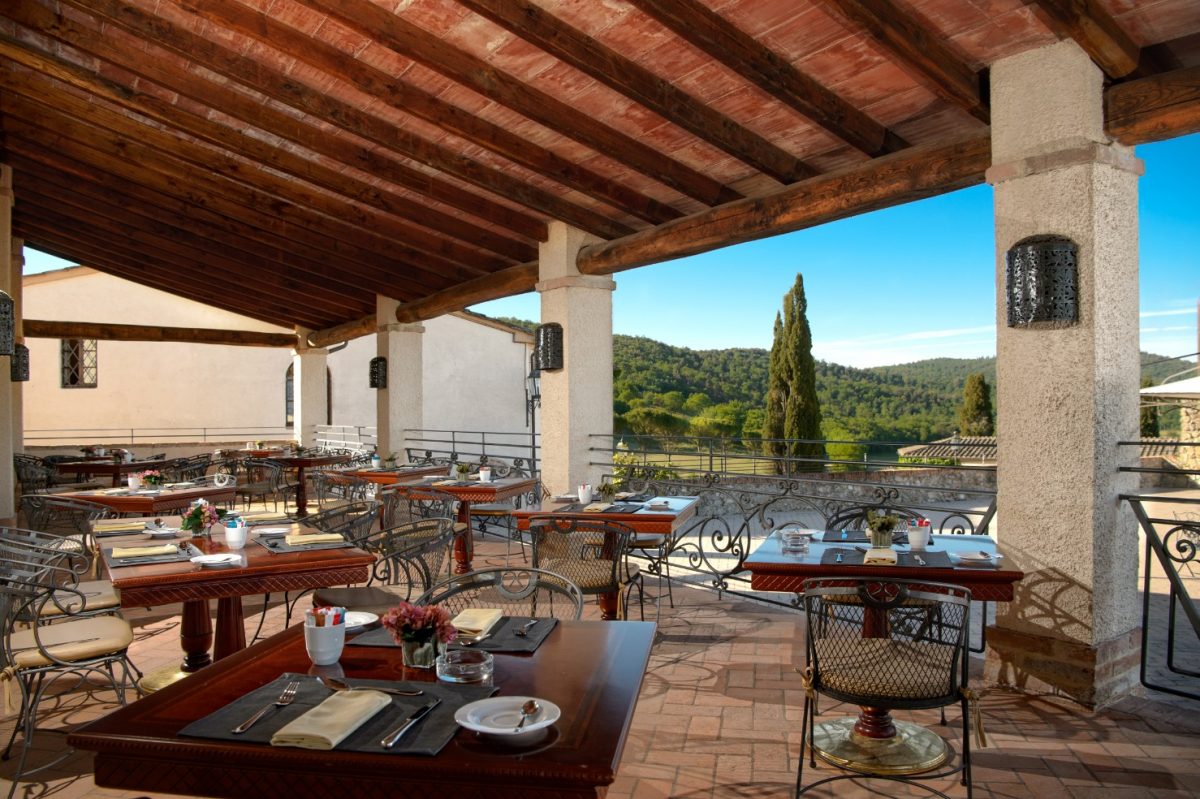The terrace at La Bagnaia Restaurant La Voliera, Siena, Italy