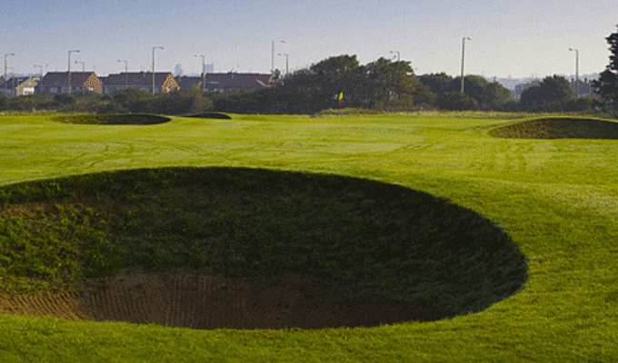 Pot bunkers are a feature of Wallasey Golf Club, The Wirral, England