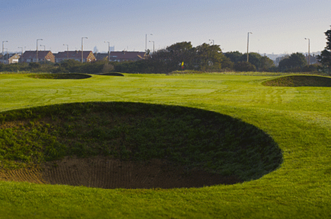 Pot bunkers are a feature of Wallasey Golf Club, The Wirral, England