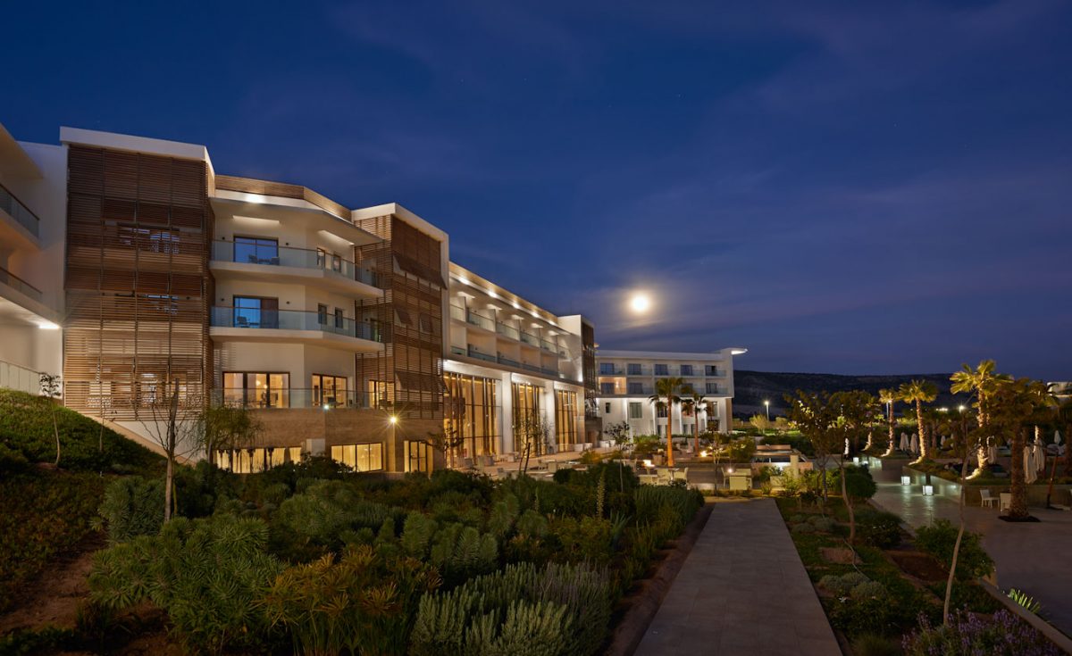 The exterior of the Hyatt Place Hotel, Taghazout Bay, Agadir, Morocco at night