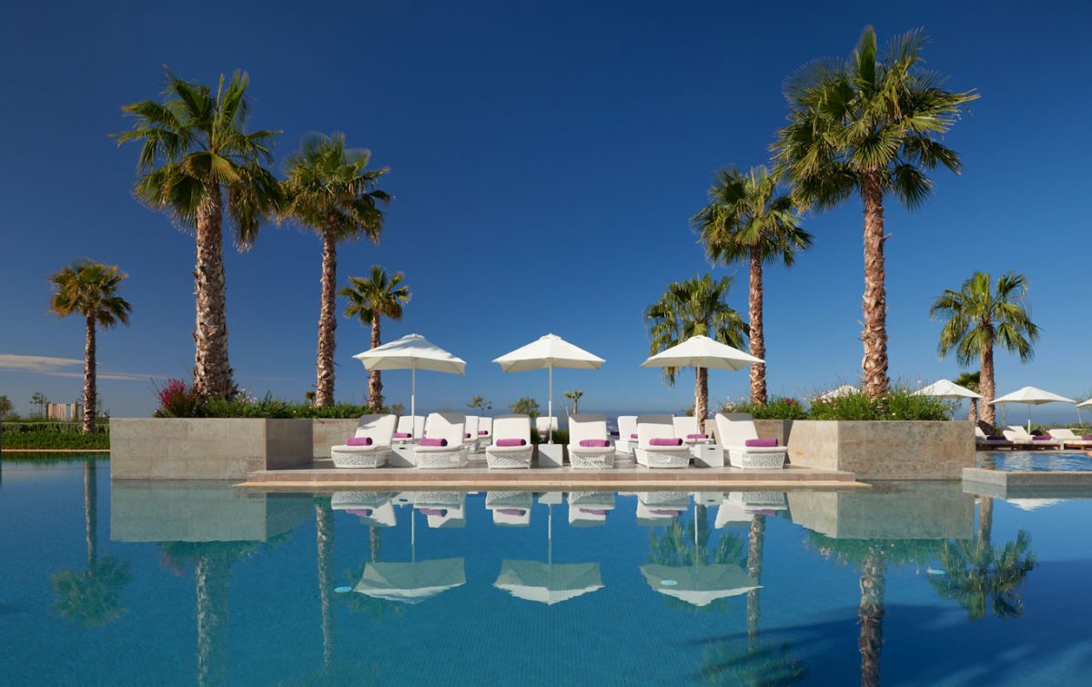 Sunloungers by the outdoor pool at Hyatt Place, Taghazout Bay, Agadir, Morocco