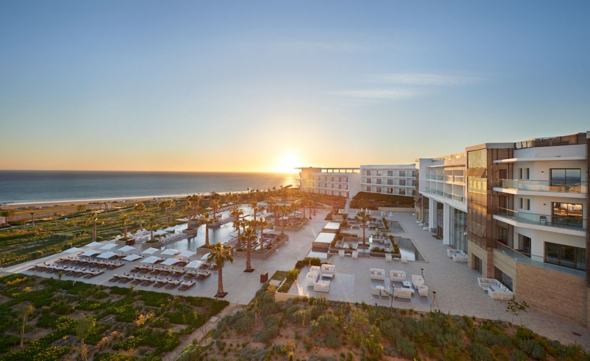 Sunset over the terrace at Hyatt Place Hotel, Taghazout Bay, Agadir, Morocco