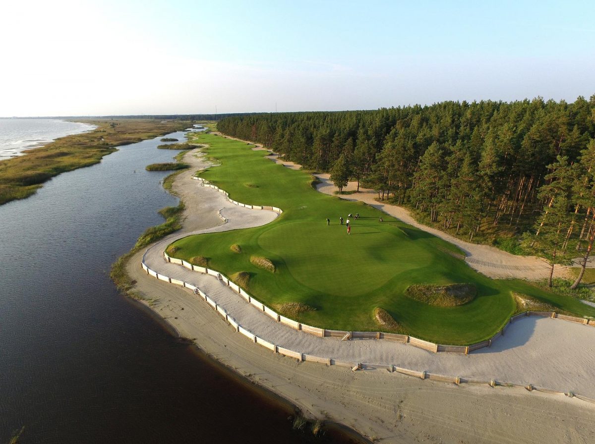 Aerial view of the fourth hole at Parnu Bay Golf Club, Estonia