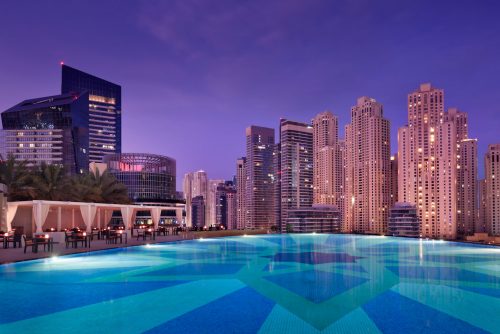 Outdoor dining and swimming pool at Address Hote,l, Dubai Marina