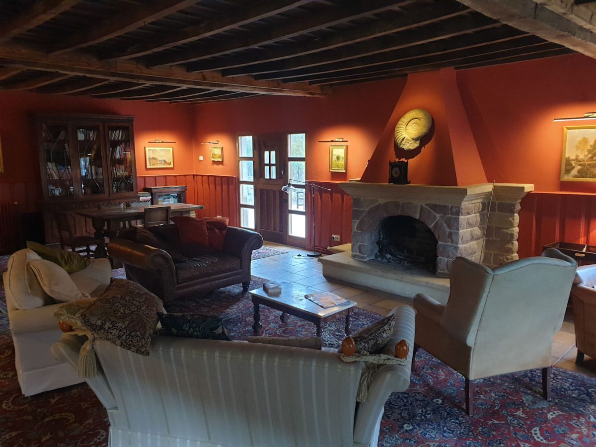 The sitting room with fireplace at Casa Agara, near Bilbao, Spain