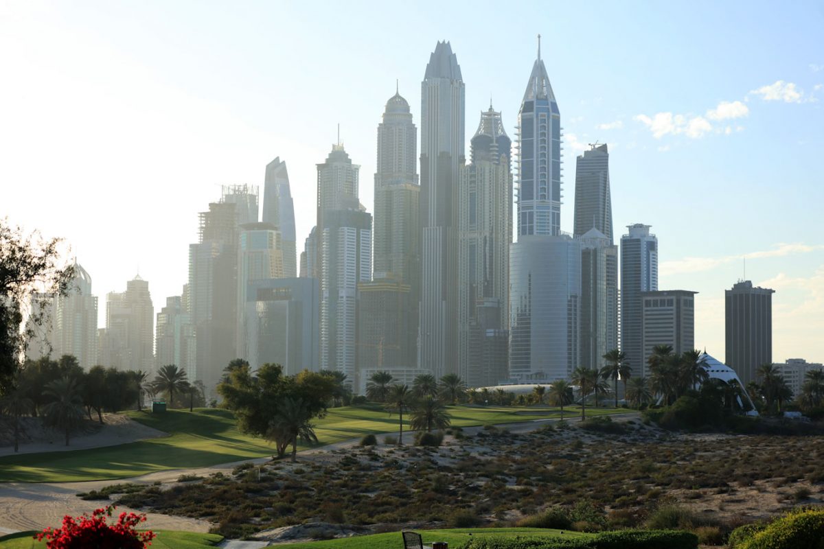 Impressive backdrop to the Emirates Golf Club, Dubai