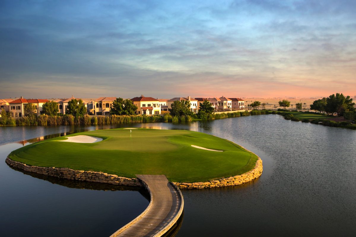 The only option is across the water to this green at Jumeirah Golf Estates, Dubai