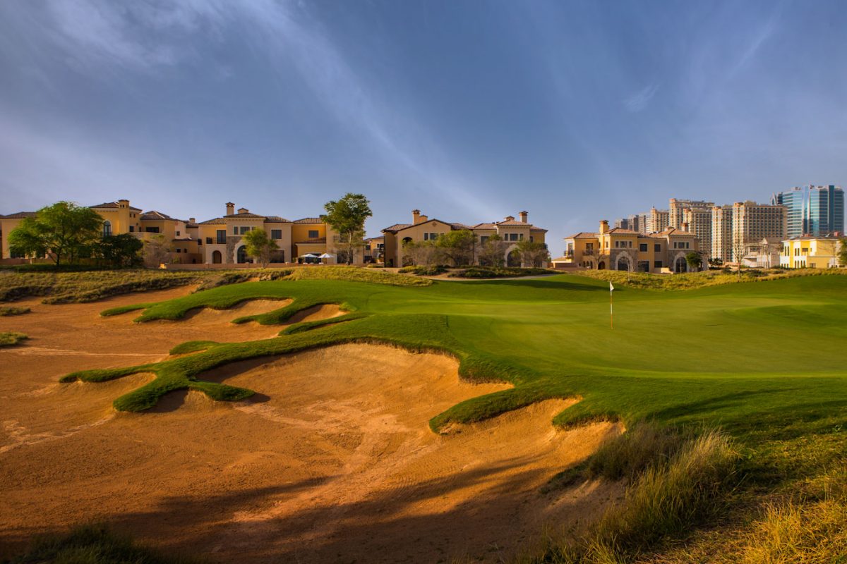 Tough shot to the green at Jumeirah Golf Estates, Dubai