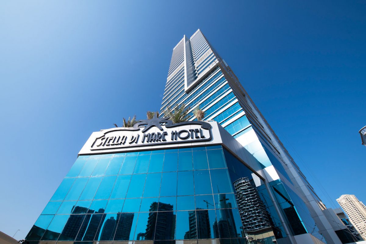 The towering exterior of Stella di Mare Hotel, Dubai