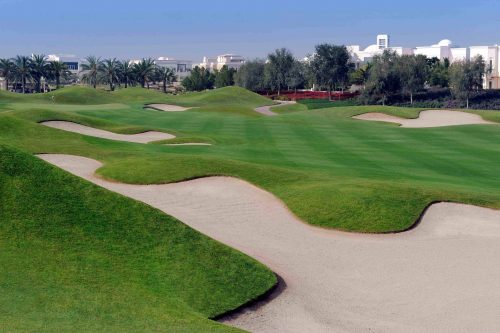 Difficult shot to the green at The Montgomerie Golf Club, Dubai