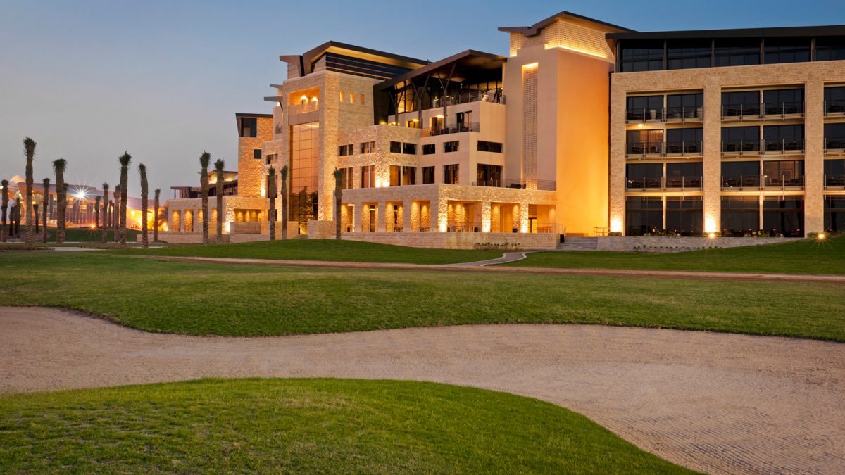 Nightime view of the exterior of The Westin Resort Golf and Spa, Abu Dhabi
