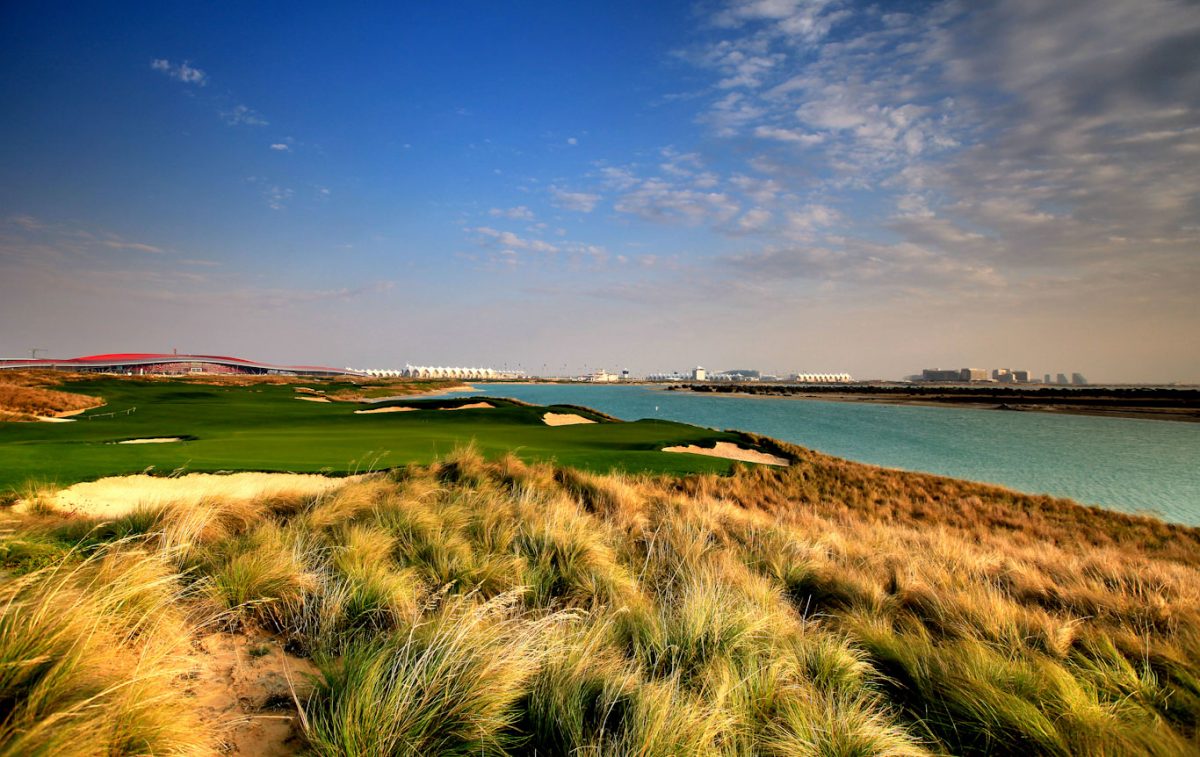 A view from behind the green on the third hole at Yas Links, Abu Dhabi