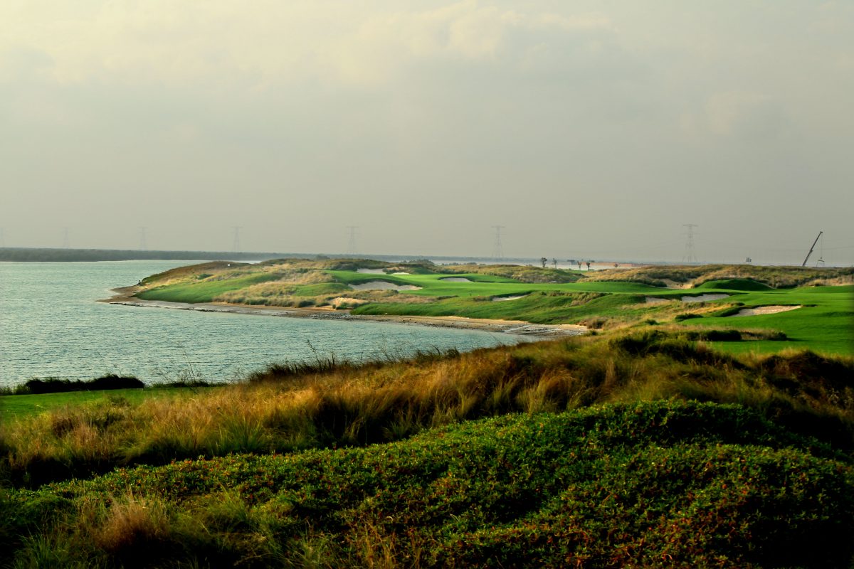 Over the water from the third tee to green at Yas Links, Abu Dhabi