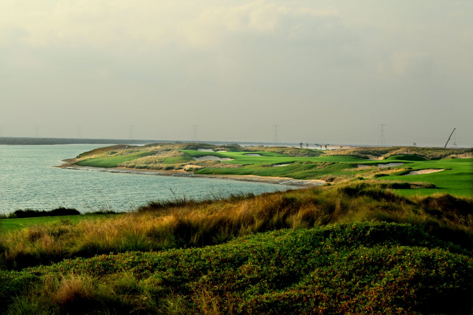 Over the water from the third tee to green at Yas Links, Abu Dhabi