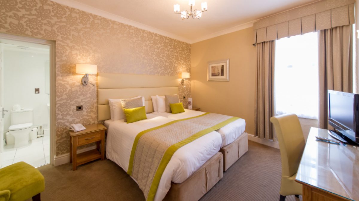 A double bedroom at The Royal and Fortescue Hotel, Barnstaple, Devon, UK