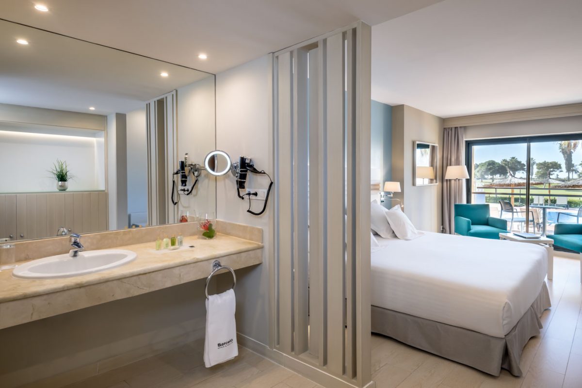 Bathroom and bedroom at Barcelo Costa Ballena Golf and Spa resort, south west Spain
