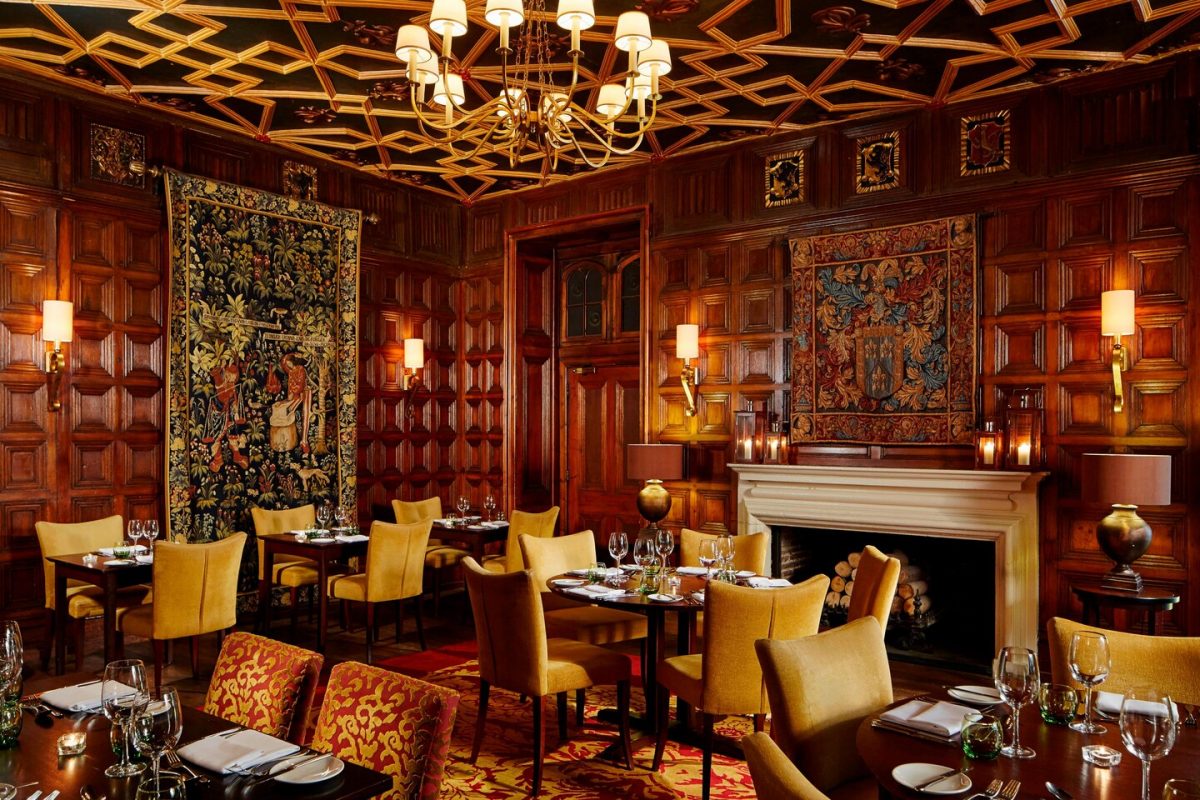 The beautiful restaurant at St Pierre Marriott Hotel and Country Club, Chepstow, England, is wood panelled