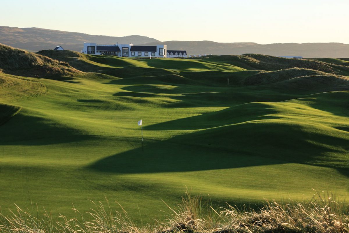 Undulating fairways to the green at The Machrie Hotel and Golf Links, Isle of Islay