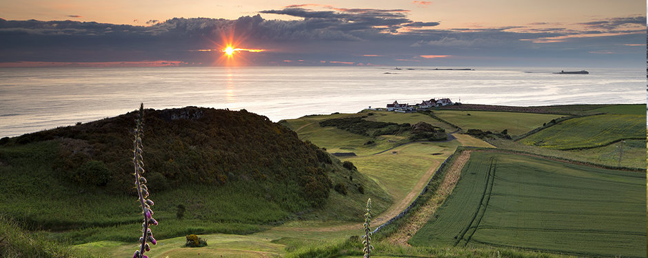 Panoramic view over the sea from Bamburgh Castle Golf Club, Northumberland,England