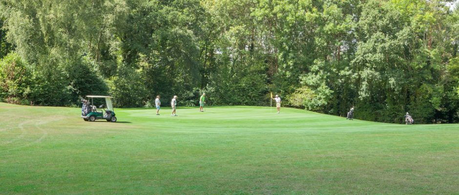 Playing down the hill to the green at Bramshaw Golf Club, Hampshire, England