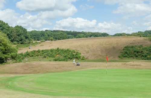 Playing down the hill to the green at Bramshaw Golf Club, Hampshire, England