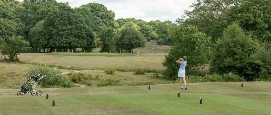 Golfer teeing off at Bramshaw Golf Club, Hampshire, England