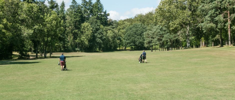 Walking the fairway at Bramshaw Golf Club, Hampshire, England