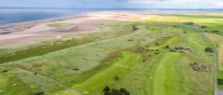 Aerial view out to sea from Goswick Golf Club, Northumberland, England