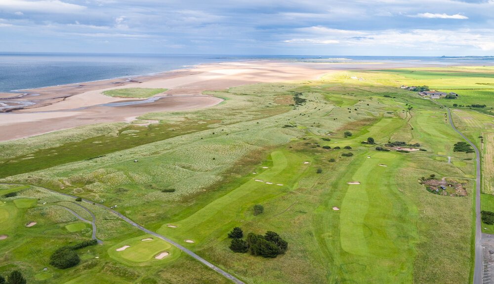 Aerial view out to sea from Goswick Golf Club, Northumberland, England