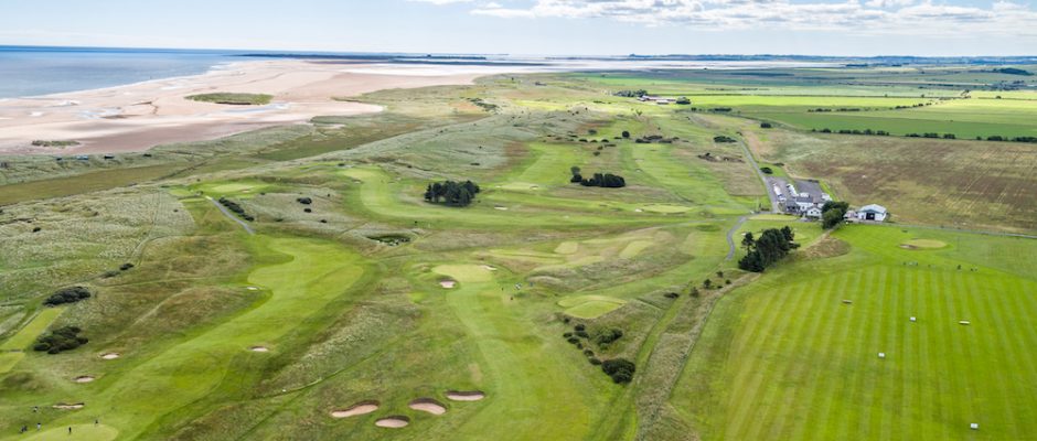 An aerial view of Goswick Golf Club, Northumberland, England