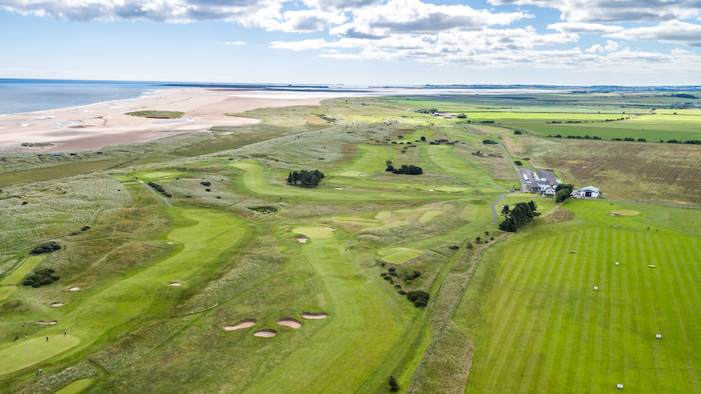 An aerial view of Goswick Golf Club, Northumberland, England