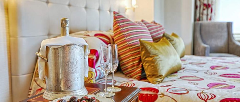 Champagne and strawberry treat in the bedroom at The Grand Hotel, Eastbourne, England