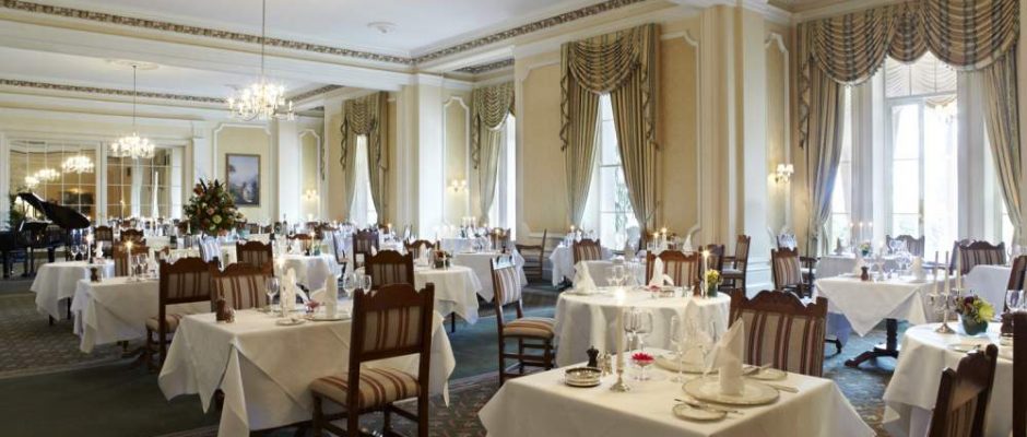 The dining and breakfast room at The Grand Hotel Eastbourne, England
