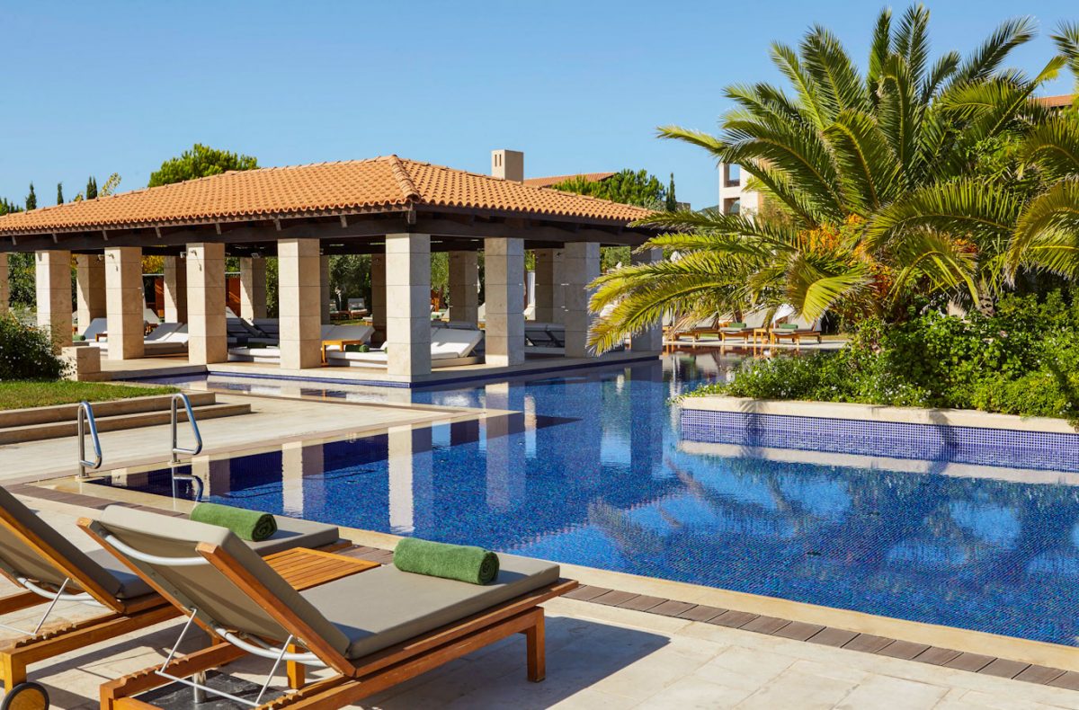 Lounge by the pools at The Romanos, Costa Navarino