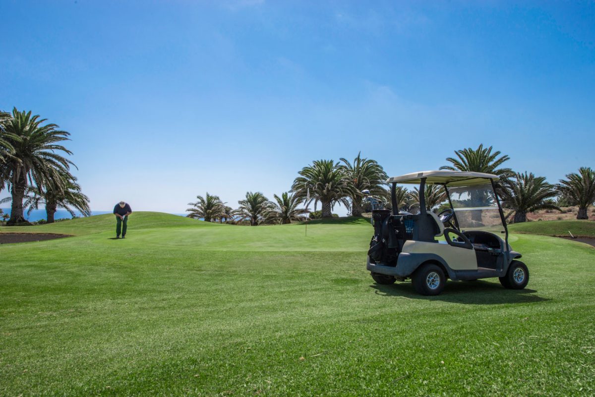 Golfer and buggy at Lanzarote Golf Club, Gran Canaria, Canary Islands
