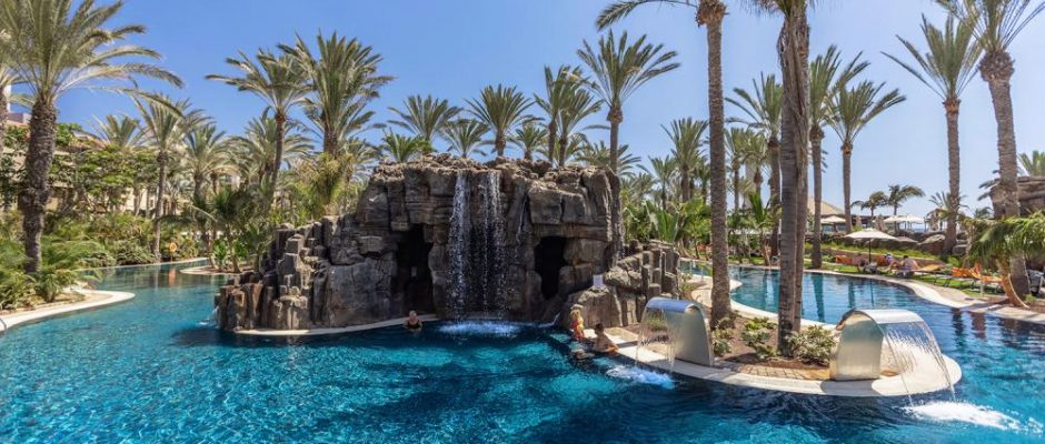 Waterfall in the middle of the swimming pool at Lopesan Costa Meloneras, Gran Canaria
