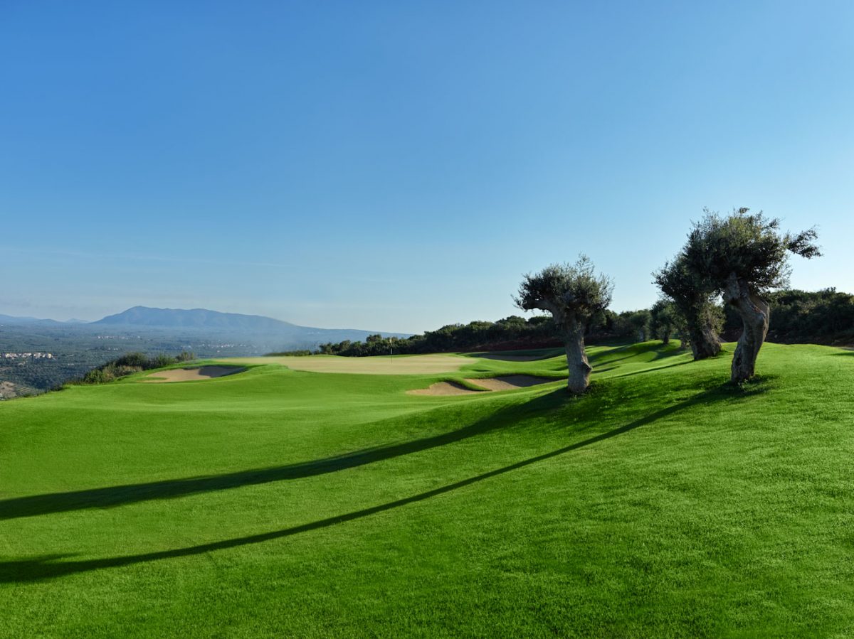 Approaching the green at the International Olympic Academy Course, Costa Navarino, Greece