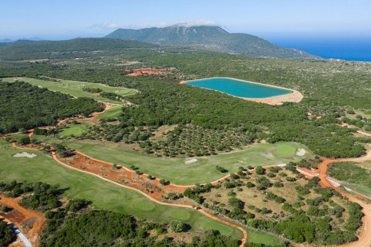 Aerial view of International Olympic Academy course at Costa Navarino including the reservoir