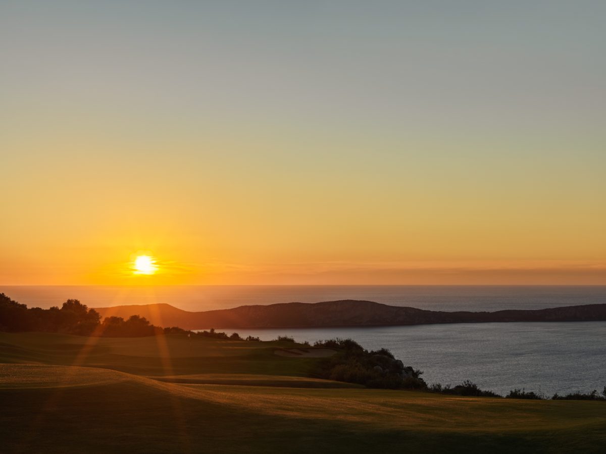 Sunset over the Olympic Academy course at Costa Navarino, Greece. Golf Planet Holidays