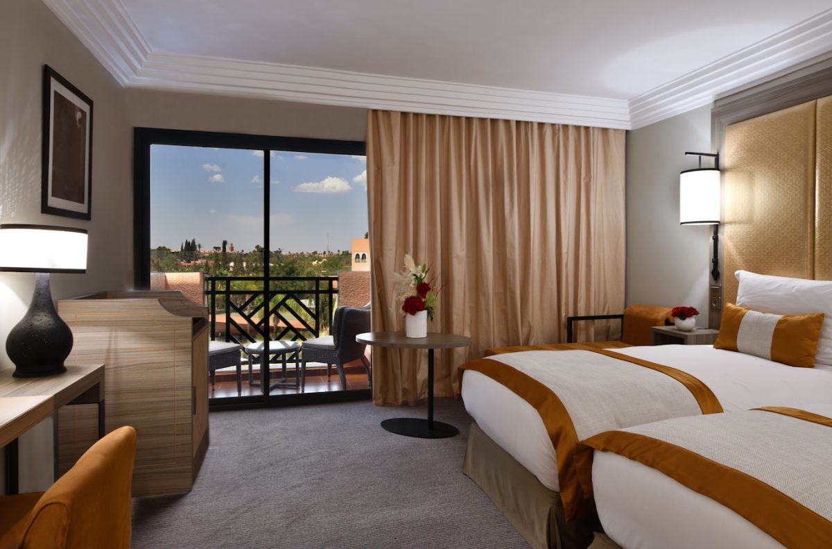 A twin bedroom at Movenpick Hotel Manour Eddahbi, Marrakech, Morocco. Golf Planet Holidays.