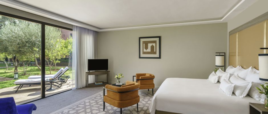 A double bedroom at Movenpick Hotel Manour Eddahbi, Marrakech, Morocco. Golf Planet Holidays.