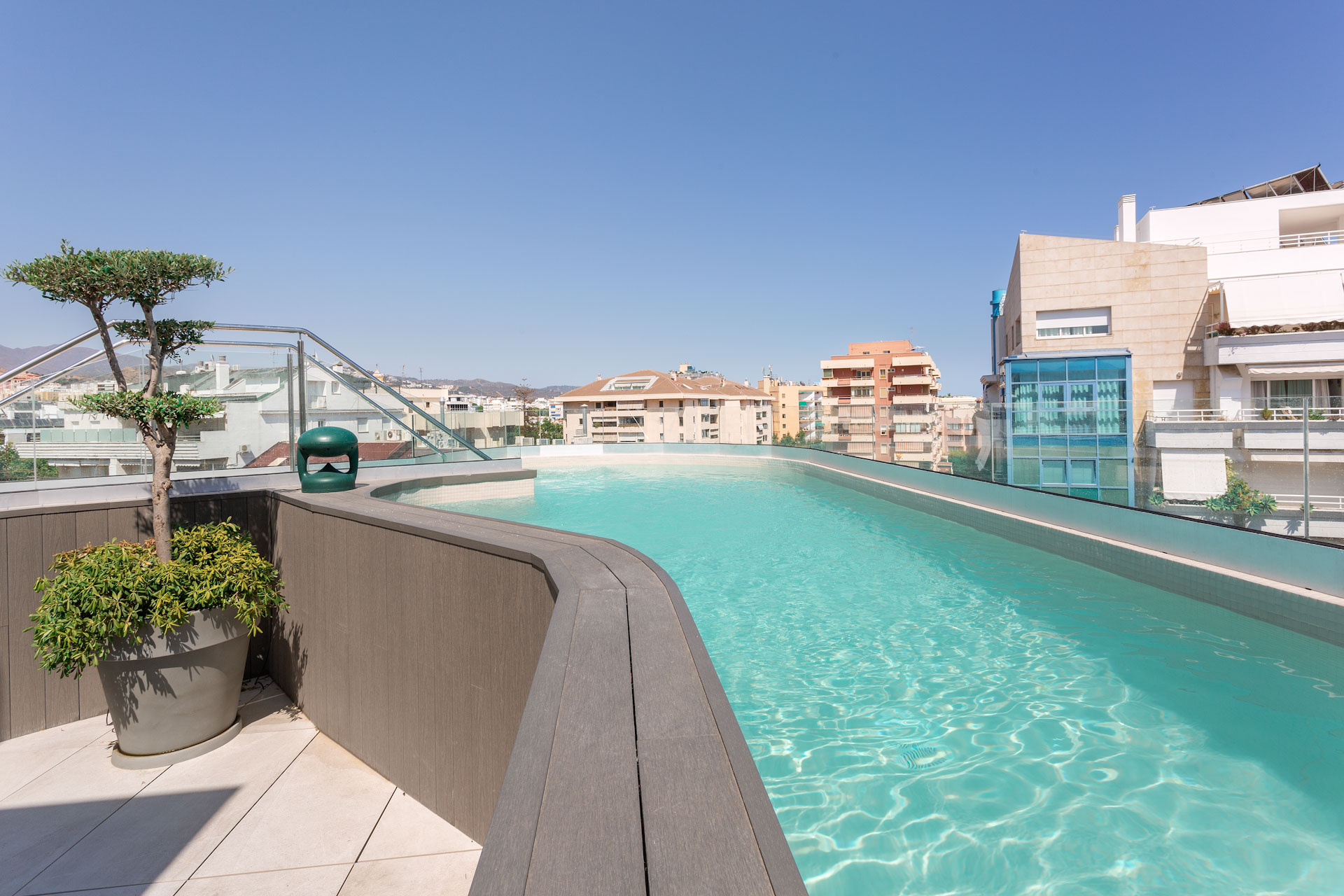 The rooftop swimming pool at Lima Hotel, Marbella, Costa del Sol, Spain. Golf Planet Holidays