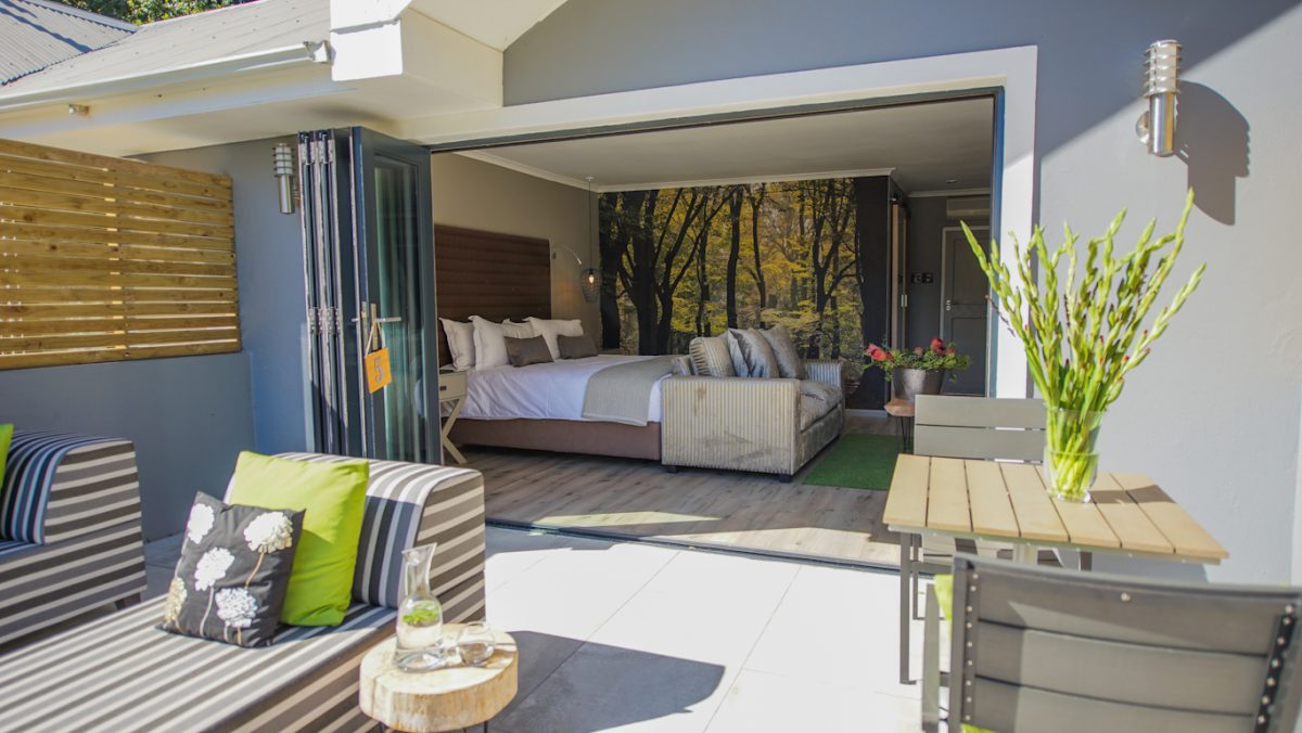 Your bedroom with quiet terrace at Silver Forest, Somerset West, Western Cape, South Africa. Golf Planet Holidays