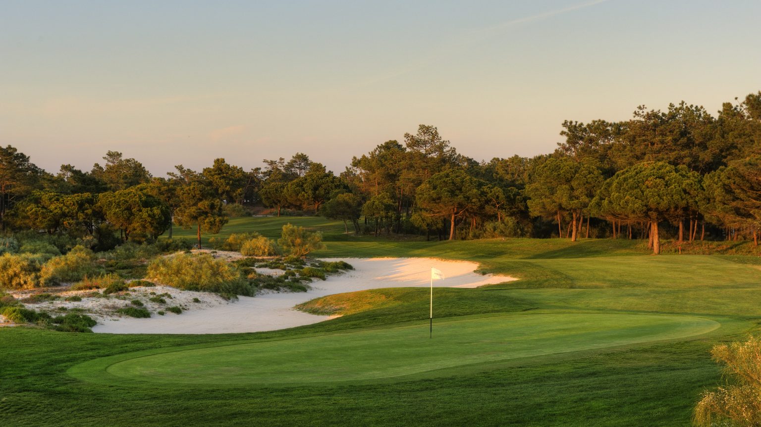 Looking back down the 14th hole at Troia Golf, near Lisbon. Portugal. Golf Planet Holidays.
