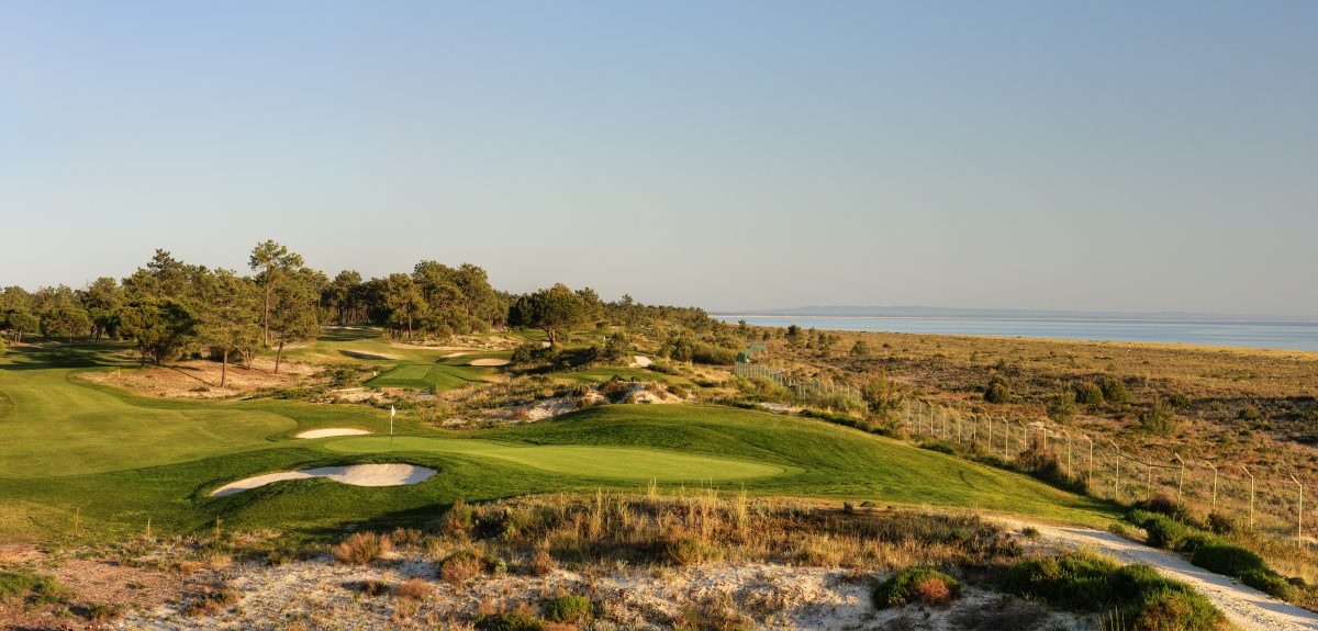 A panoramic shot over the sixth hole at Troia Golf, near Lisbon. Portugal. Golf Planet Holidays.