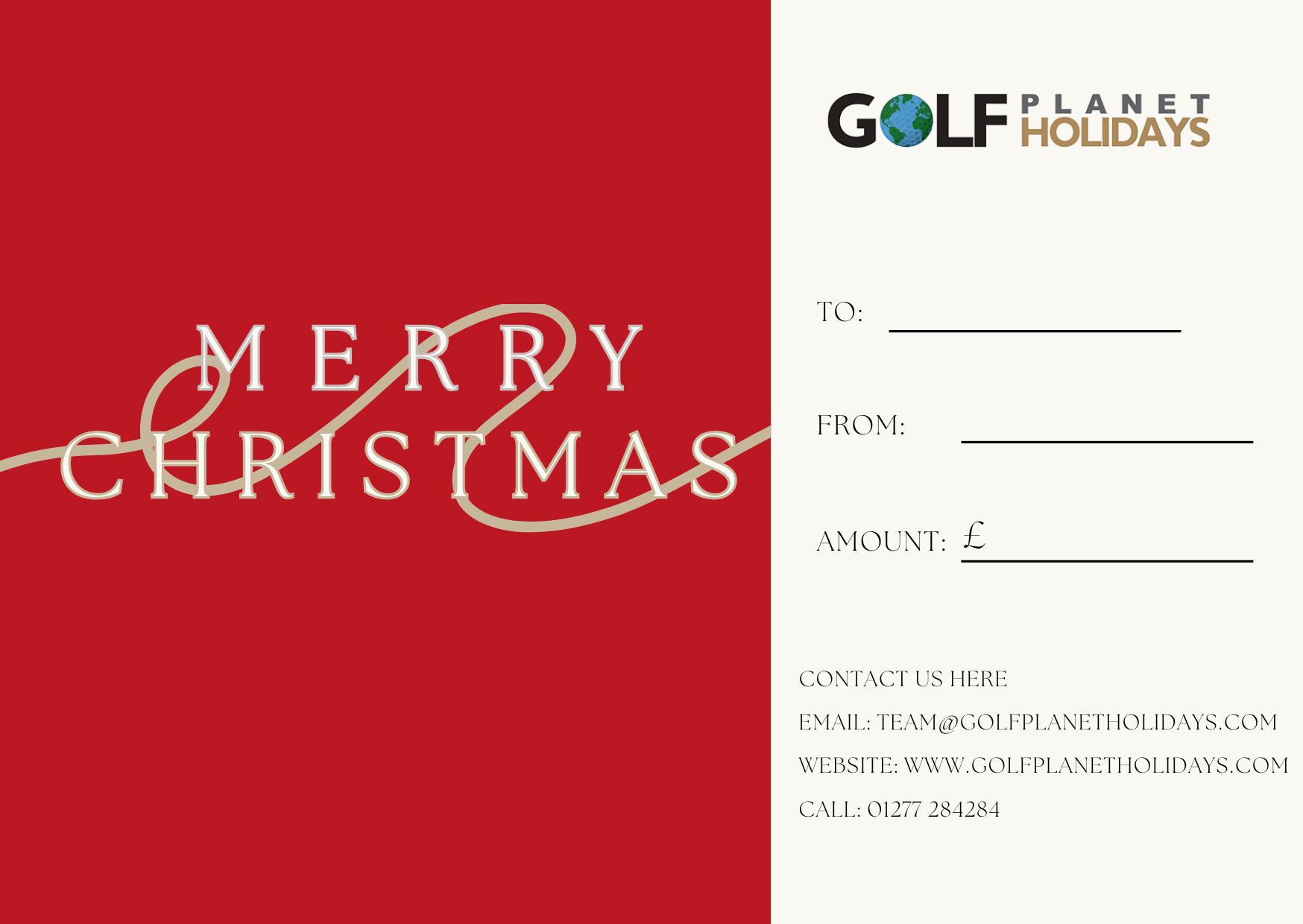 Christmas voucher. Golf Planet Holidays 2024