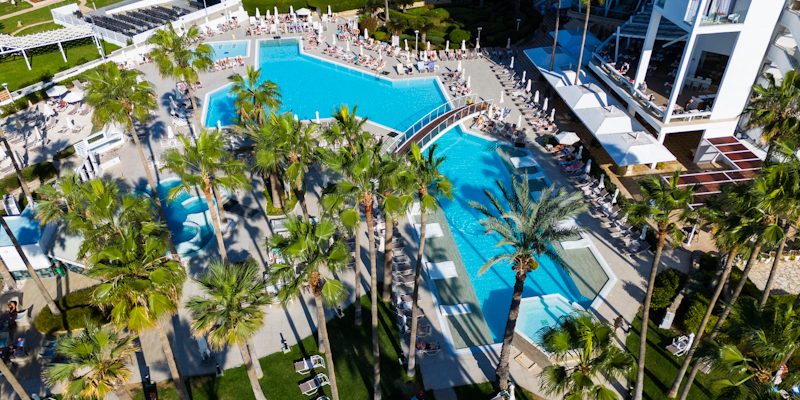 Aerial view of the pool area at the Cypria Maris Beach Hotel and Spa, Paphos, Cyprus. Golf Planet Holidays.