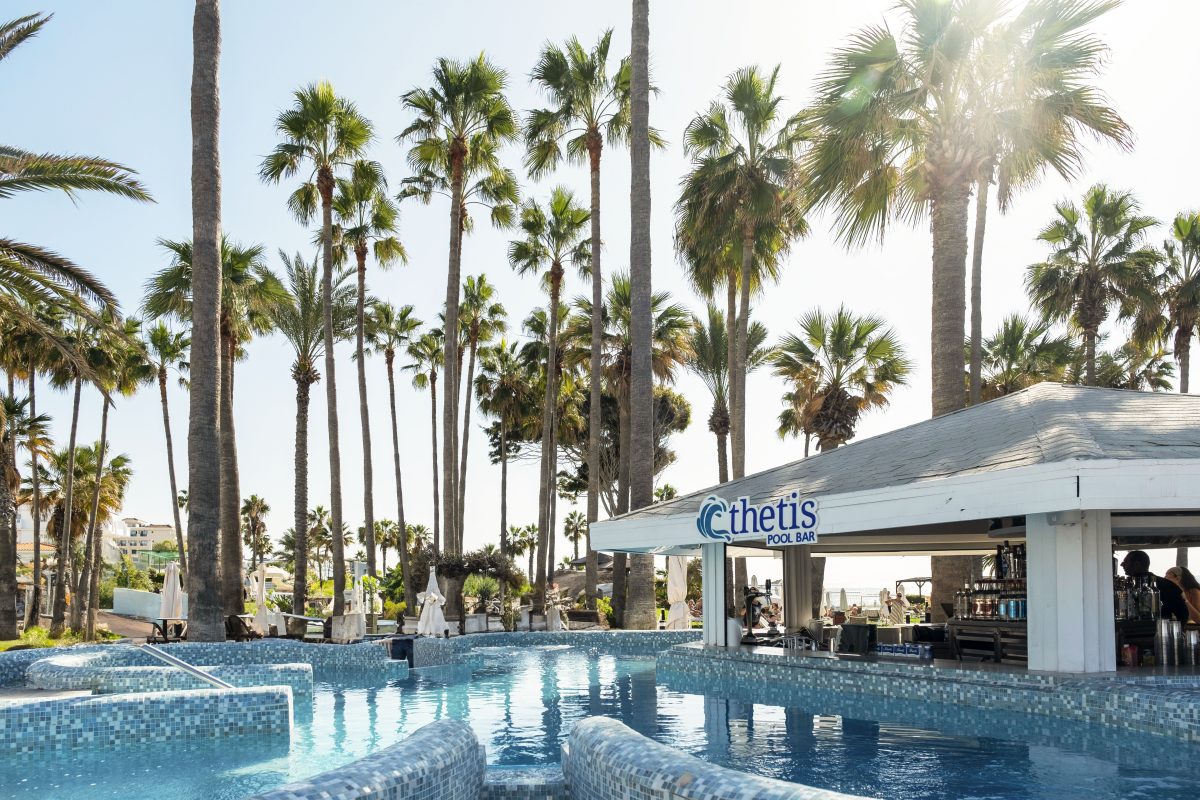 The pool area at the Cypria Maris Beach Hotel and Spa, Paphos, Cyprus. Golf Planet Holidays.