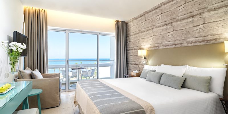 A double seaview room at the Cypria Maris Beach Hotel and Spa, Paphos, Cyprus. Golf Planet Holidays.